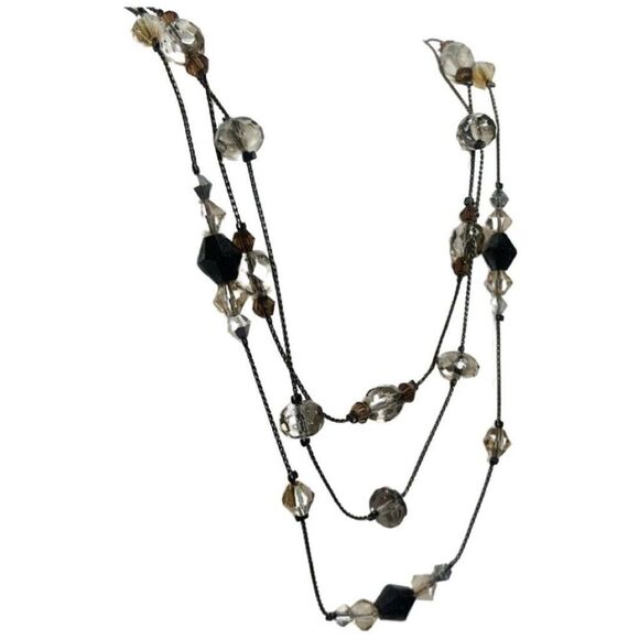 Vintage Faceted Shimmering Glass Beaded Gun Metal Multi 3 Tier Necklace 18” - Picture 4 of 7